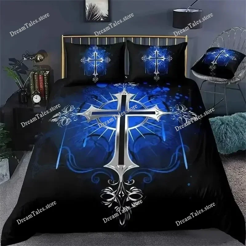 Jesus Cross Bedding Set King Queen Size Christian Design Retro Quilt Cover for Men Teens Adult,Jesus Christ Believer Quilt Cover