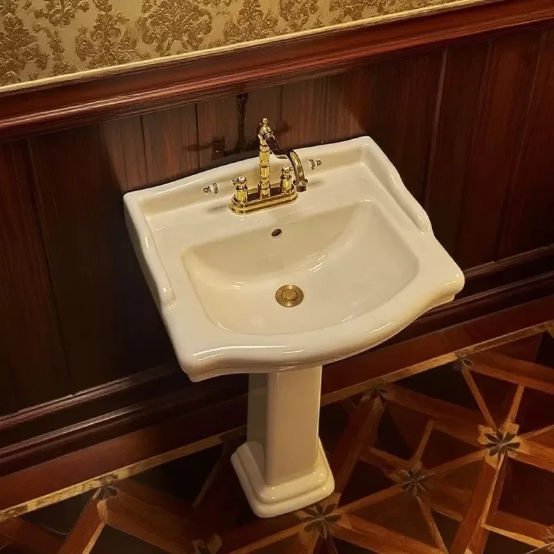 French Retro Style Ceramic Column Basin Three Hole Pedestal Sink For Small Bathroom Floor Standing Washbasin Elegant Design