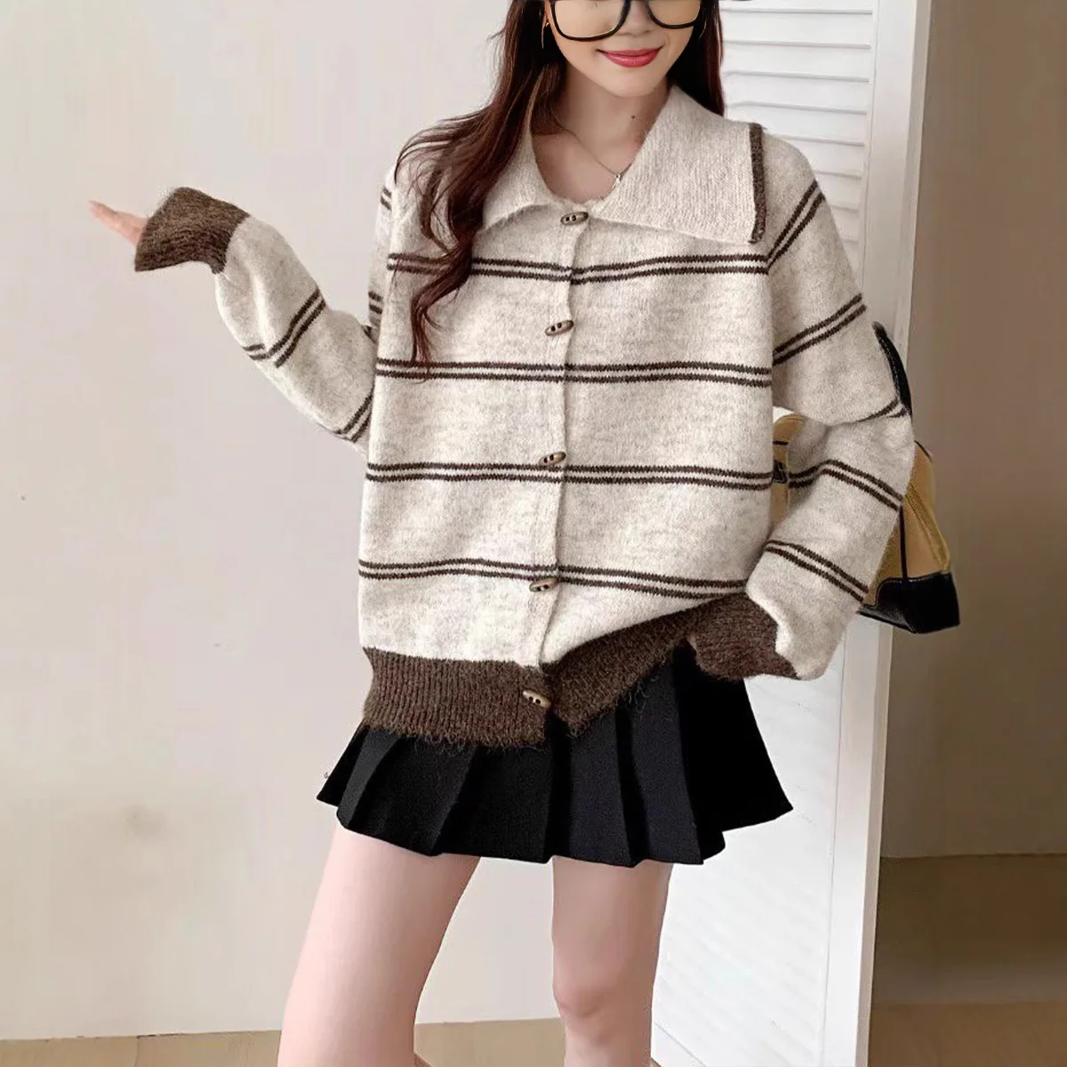 

Women Striped Cardigan Sweaters Knitted Jumpers Turn Down Collar Long Sleeves Single Breasted Loose Casual Autumn Winter 2025
