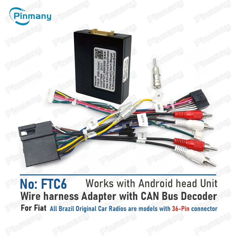 Pinmany FTC6 FTC11 Car Radio Wiring Harness Adapter Hiworld FT09 CAN Bus Decoder for Brazil Fiat Models