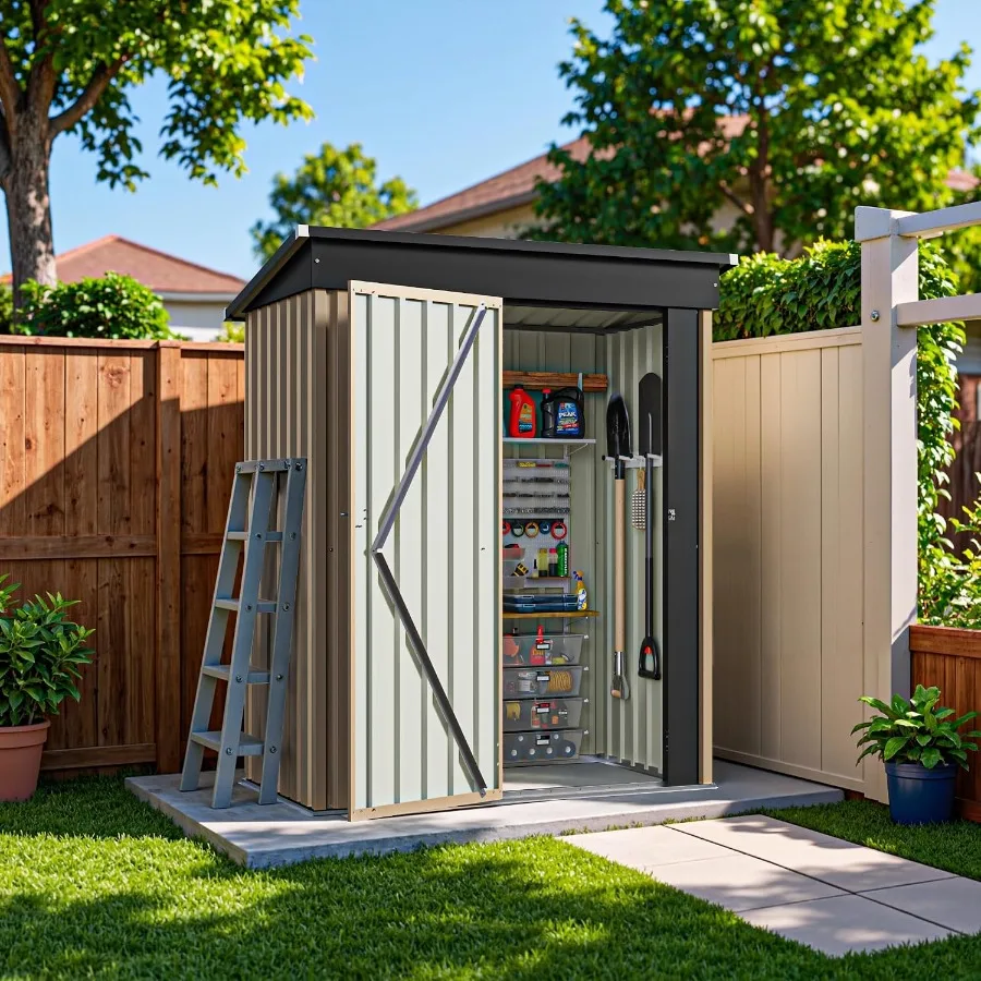 5×3FT Outdoor Storage Shed for Backyard, Pool, Garden, Bike; Metal Construction; Brown; Lockable Doors