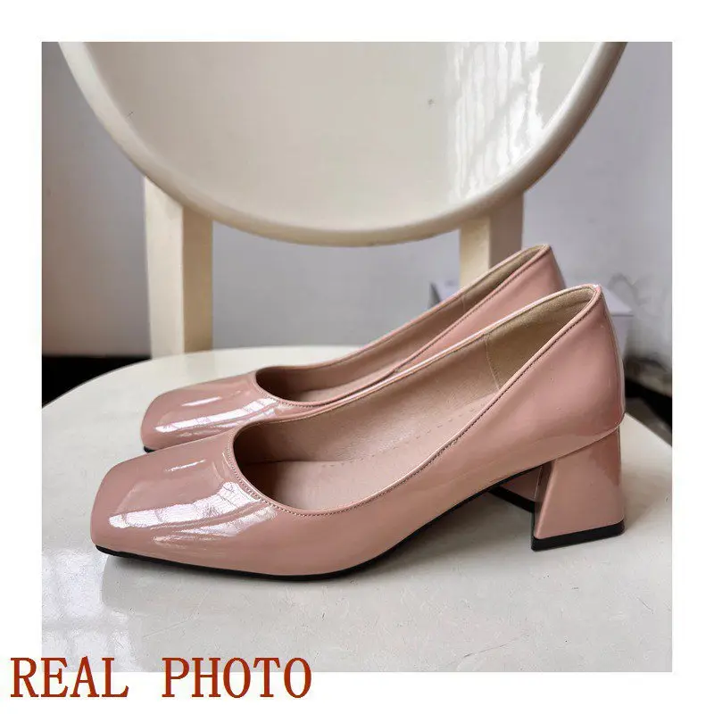 SIMLOVEYO 2023 Women Pumps Patent Leather Square Toe Chunky Heels 6cm Slip On Office Lady Shoes Shallow Small Size 32 33
