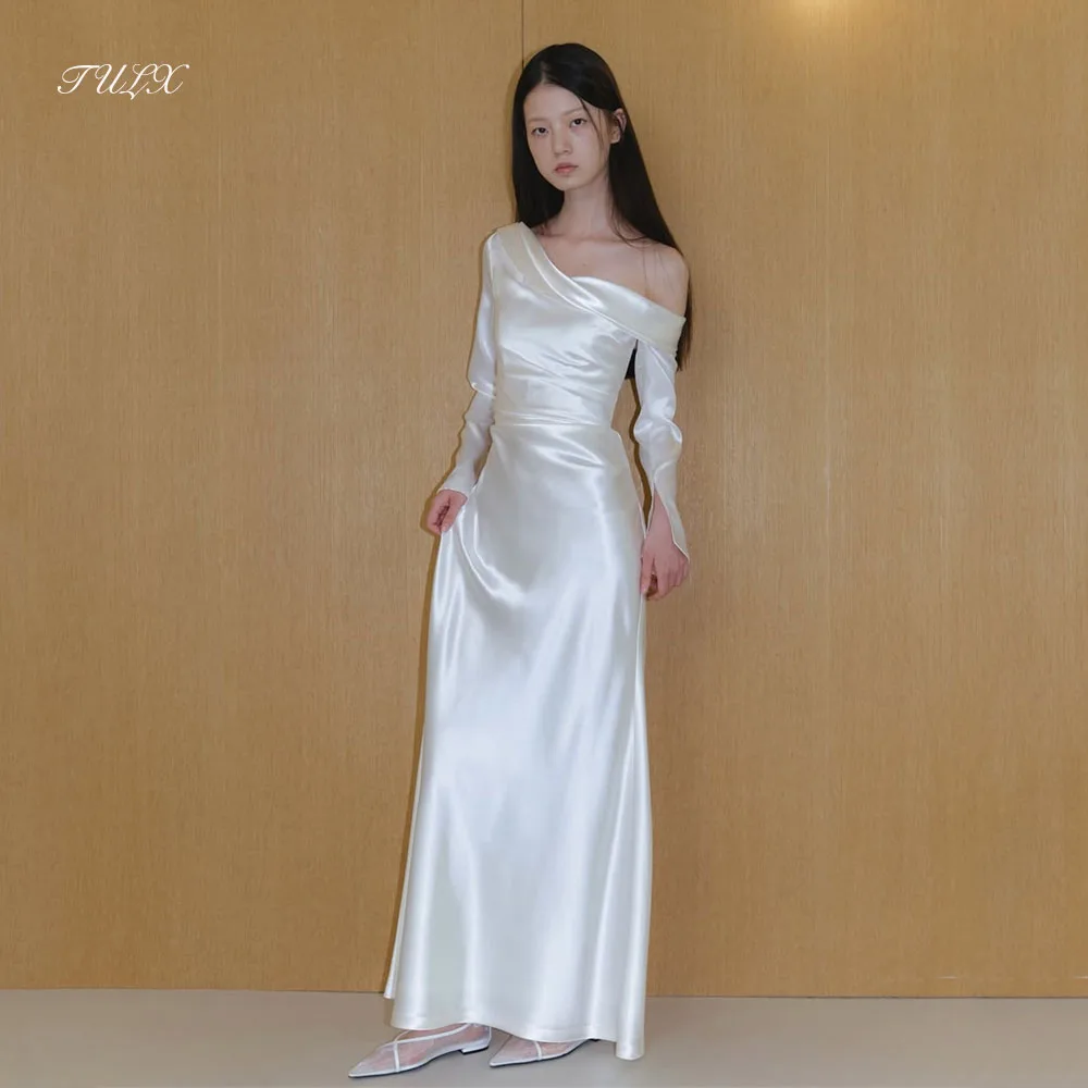 

TULX Ivory Satin Mermaid Wedding Dresses Korea Photo Shoot One-Shoulder Long Sleeves Corset Bridal Gowns Customized 웨딩드레스