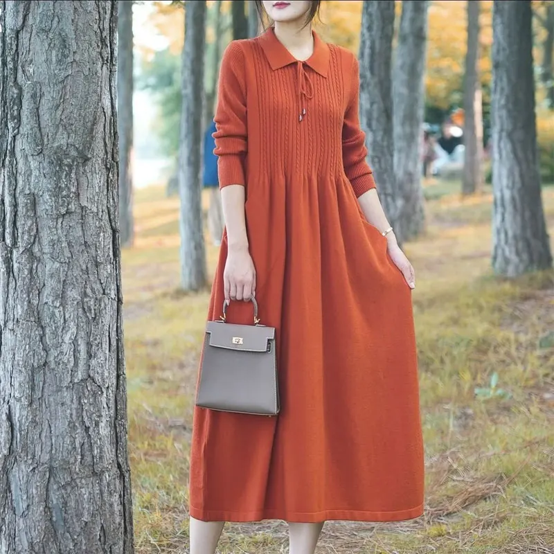 

Basic Turn-down Collar Knitted Dresses Female Clothing Casual Solid Color Autumn Winter Commute Fashion Drawstring Long Dress