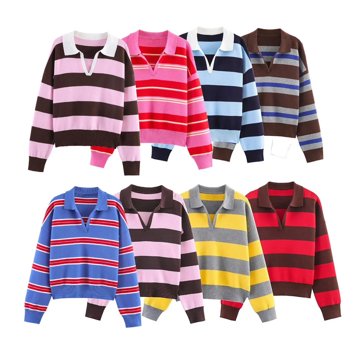 Pullovers Women Sweaters V Neck Full Sleeve Vintage Jumpers Y2k Streetwear Elegant Knit Striped Casual Autumn Winter 2026