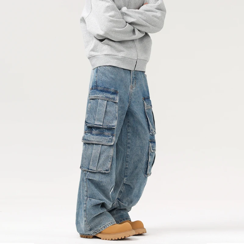 Men Women Streetwear Fashion Hip Hop Loose Casual Multi-pocket Y2k Wide Legs Baggy Cargo Jeans Denim Pants Couple Trousers