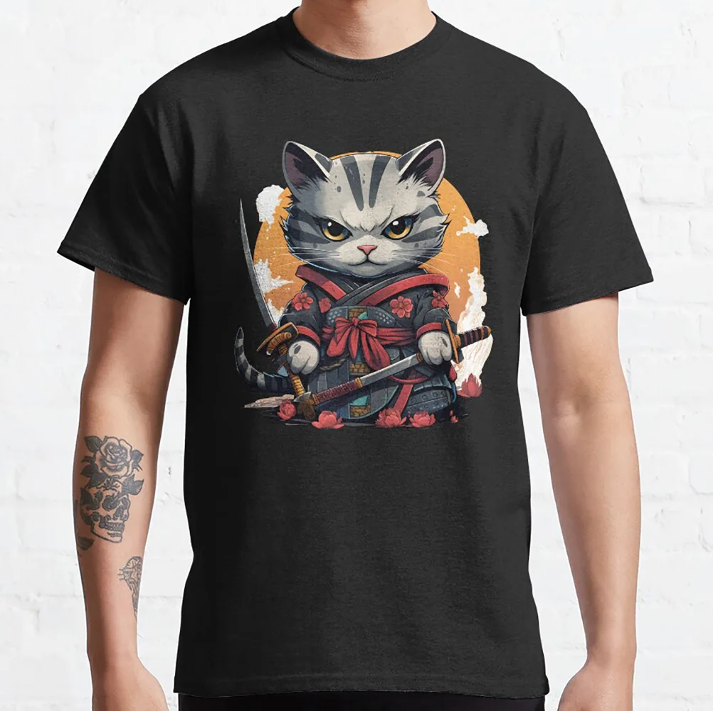Samurai cat ninja, japanese, warrior Gift T-Shirt fro Cat lover 100% cotton short sleeve Graphic clothes All size tops S-6XL