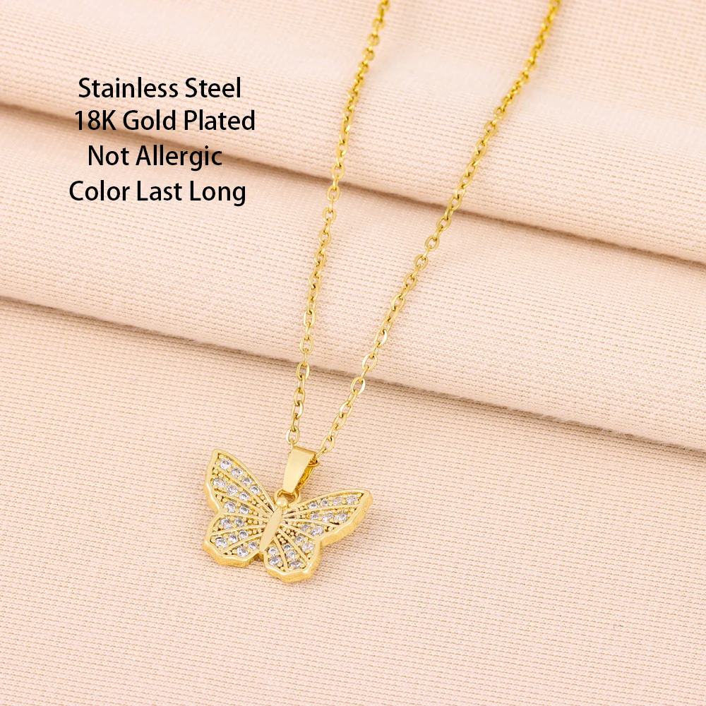 New In Temperament Sweet Zircon Crystal Butterfly Pendant Necklaces For Women Trendy Ladies Stainless Steel Neck Chain Jewelry