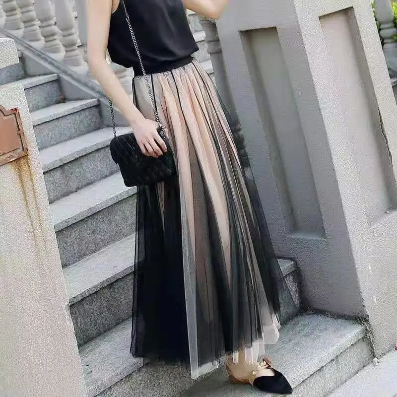 2022 Spring Summer New Vintage Office Lady Tulle A-line Skirt Women Elastic High Waist Mesh Pleated Long Skirt Female Streetwear