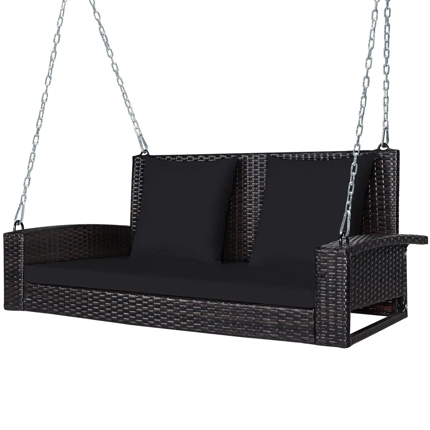 

2-Person Wicker Porch Swing, Patiojoy Outdoor Rattan Hanging Swing Bench W/ 2 Back Cushions & 1 Seat Cushion, Customized