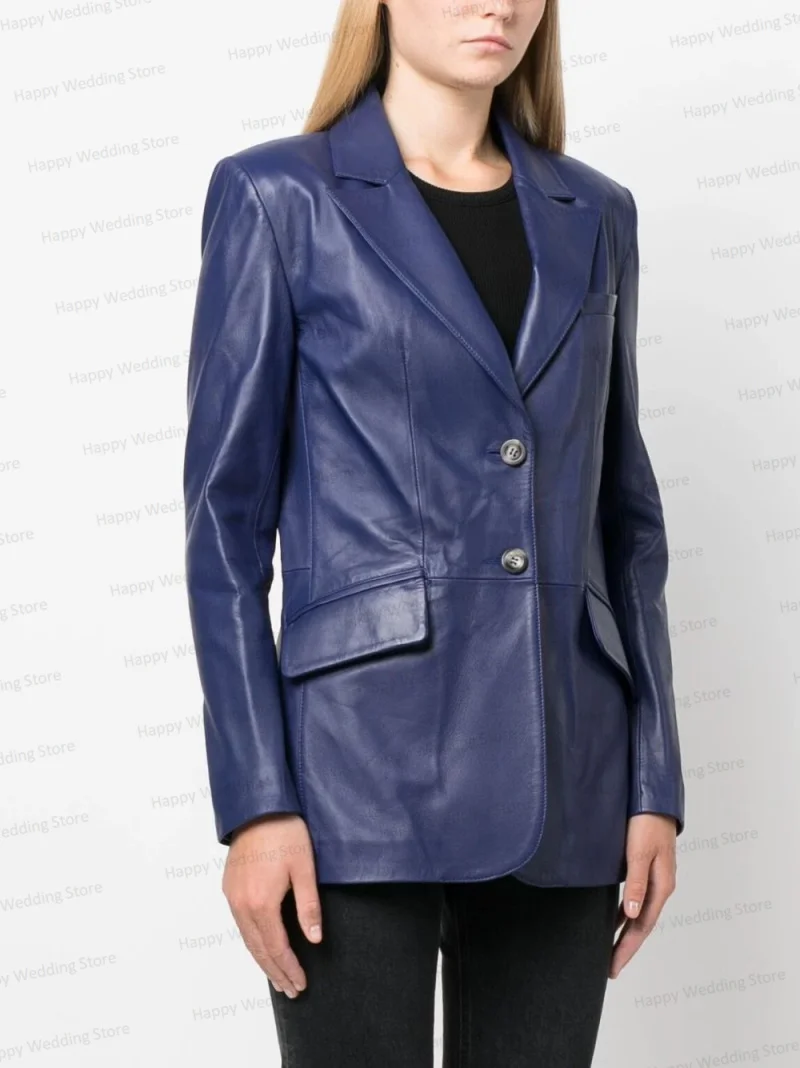 Blue Leather Women Suit Blazer 1 Piece Autumn Winter New Jacket Prom Dress Tuxedos Formal Office Lady Outfit Tailored Made