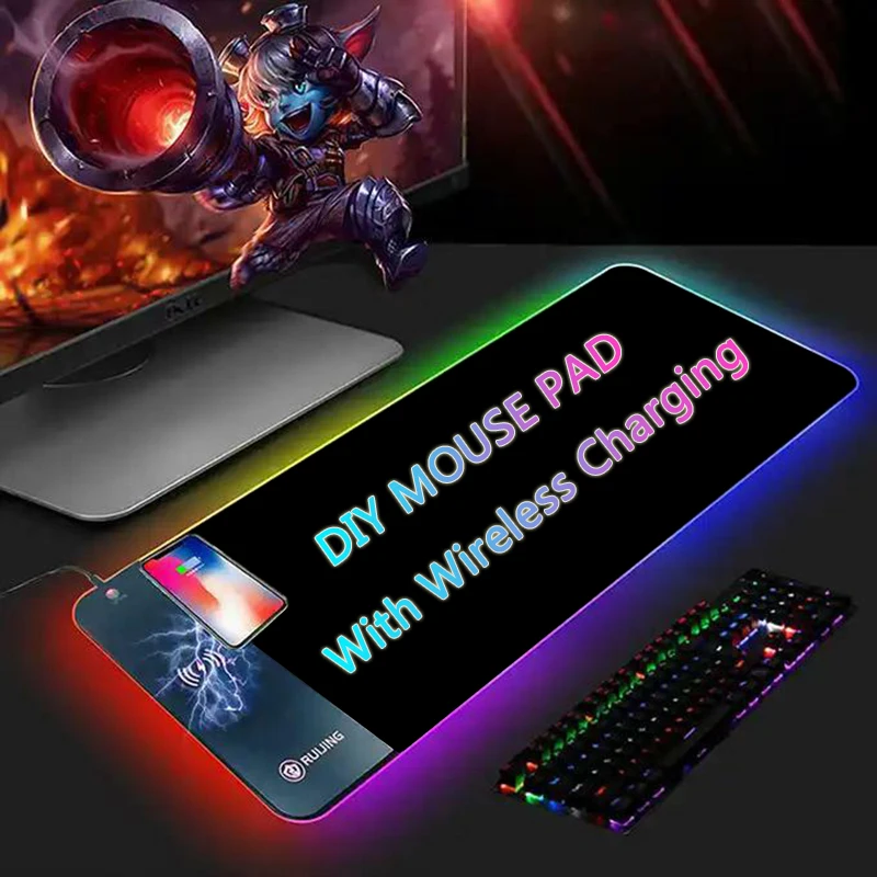 

DIY Mouse Pad Gamer Non-slip Custom Mousepad 15W Wireless Charging RGB Luminous Desk Mat Computer Laptop Keyboard Glowing LED