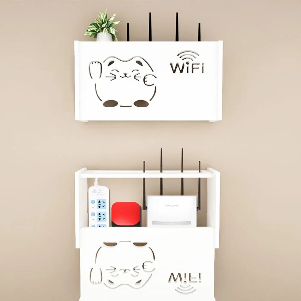 White Wifi Router Storage Boxes Cable Power Plug Wire Wall Mounted Shelf Storage Rack 1PC