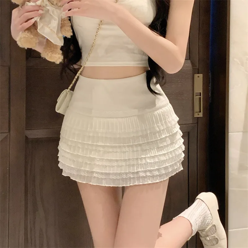 Sweet Sle Lace Splice Cake Skirt ature Butt Exposure Spicy Girl ort Skirt Pants High Waist Polyester Fiber Thin Model