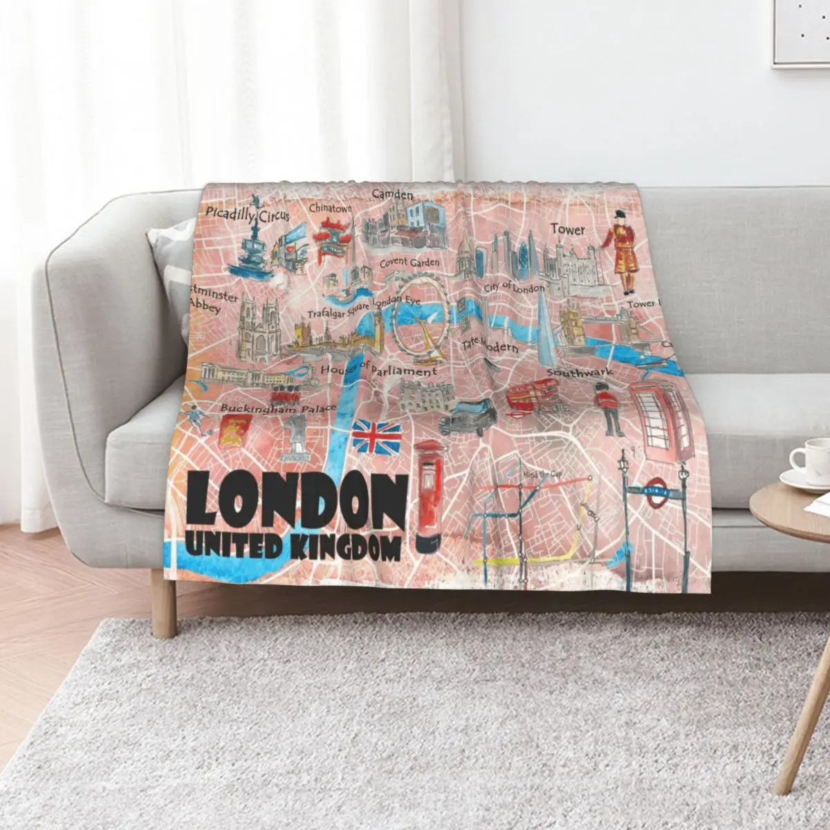 London UK Illustrated Map with Main Roads, Landmarks & Highlights Throw Blanket Soft Sofas Beautifuls Blankets