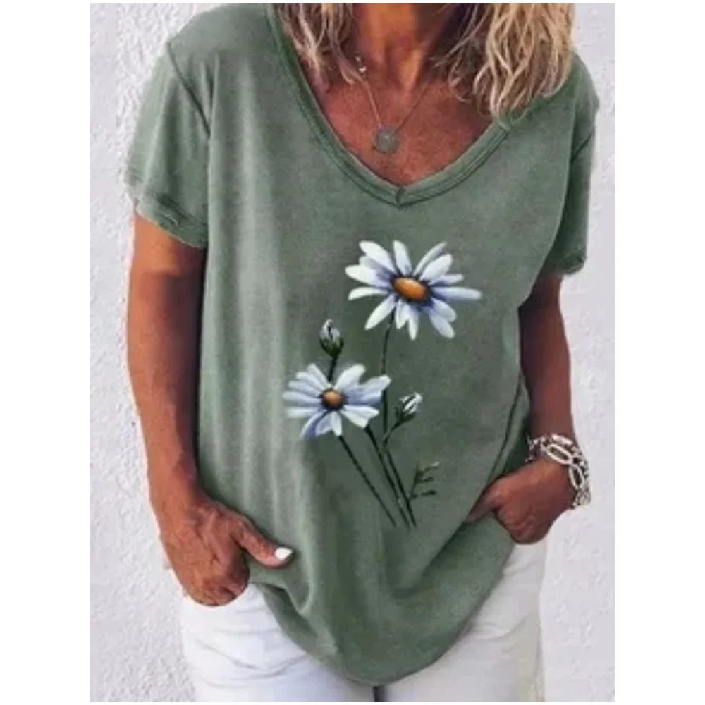 Sunflower Floral T-shirt 3D Print Women Retro Y2k Tops Streetwear Harajuku Oversized Elegant T Shirts V-Neck Tees Woman Clothing