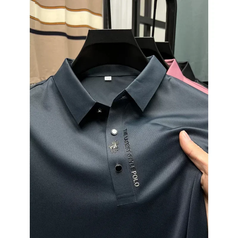 High End Trendy Summer Polo Shirt, Business Casual Seamless Ice Silk Short Sleeved T-shirt, Lapel, Pony Logo Top