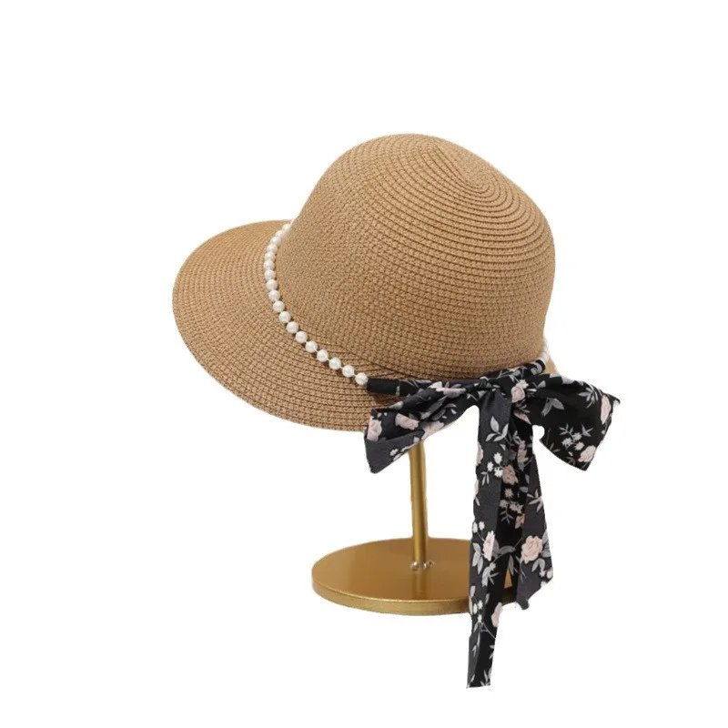 

New Dome Straw Hat Polka Dot Ribbon Pearl Elegant Bowler Seaside Travel Big Brim Sun-proof Bucket Hat