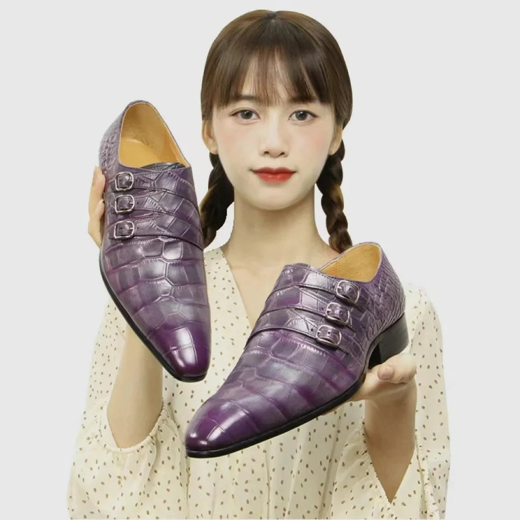 Genuine Leather Men's Dress Shoe Fashion Snake Printed Office Party Handmade Man's Leather Shoe Monk Styles Customized Purple