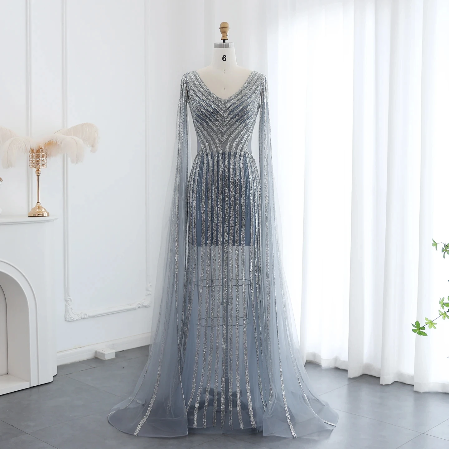 

Luxury Beading Blue Mermaid Dubai Evening Dresses With Cape Sleeves V-Neck Arabic Women Wedding Party Gowns Sz251