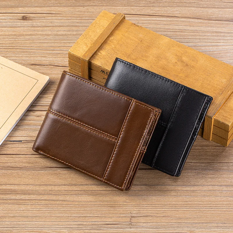 

Genuine leather spliced men's short wallet, RFID multi-slot folding large-capacity business lightweight wallet