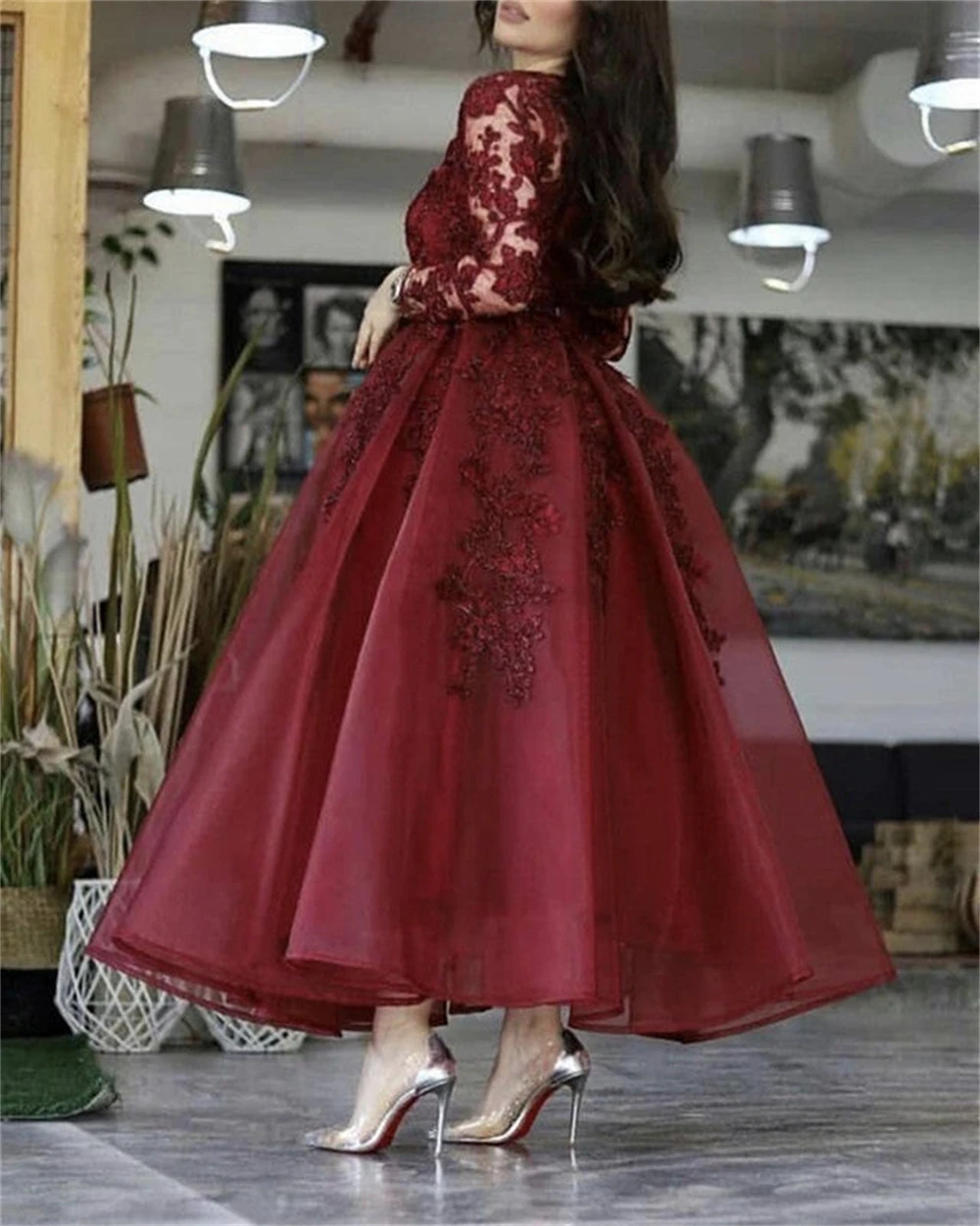 

Charming Long Sleeves Burgundy Prom Dress 2025 Sexy See Through Short Ankle Length Lace Wedding Guest Party Dress Customized