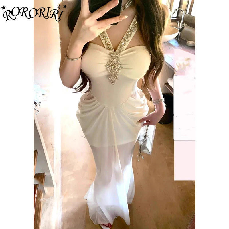 RORORIRI 쉬어 메쉬 스티치 레이스 다이아몬드 탱크 드레스 여성 오프 숄더 플리츠 슬림 Bodycon 인어 롱 드레스 섹시한 파티 의류