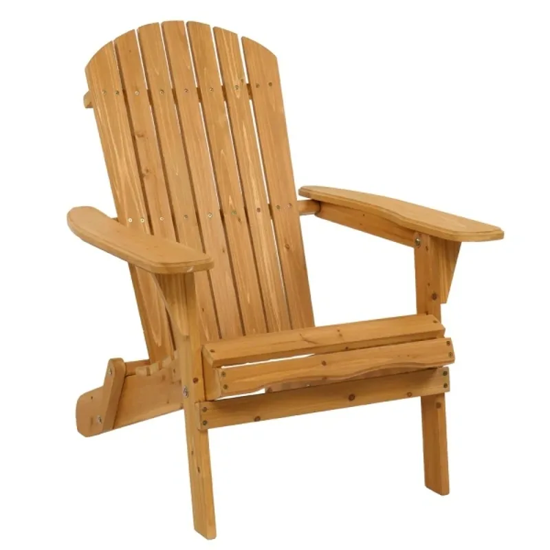 Folding Wooden Adirondack Lounger Chair with Natural Finish Slanted Seat and Wide Arms So You Can Enjoy The Outdoors in Comfort