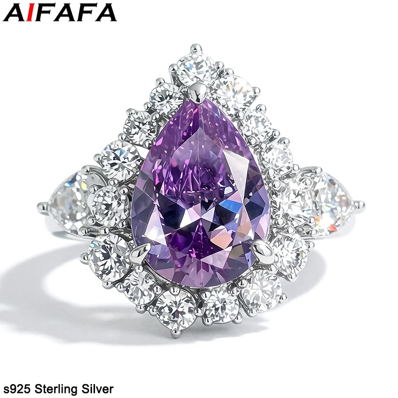 Water Drop High Carbon Diamond Rings Stunning 100% s925 Sterling Solid Silver Purple Stone Ring for Women Fine Jewelry