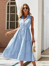 Ladies Vintage Boho Summer Dress Women Sleeveless Casual Holiday Striped Shirt Dress Women Sundress Outfits Female Robe Vestidos