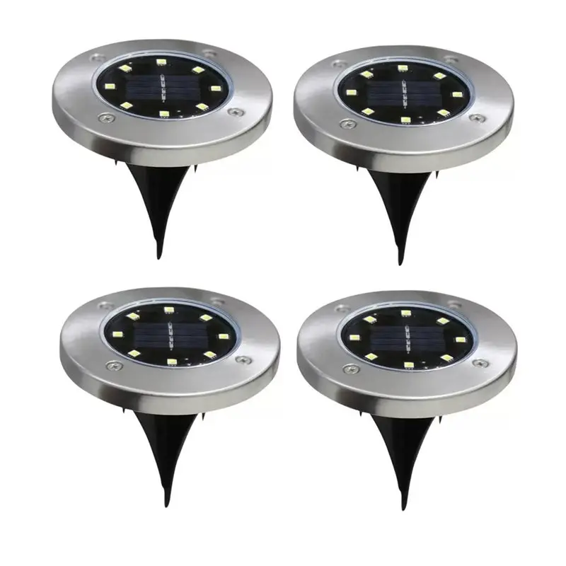 ABMR-4PCS 8 LED Solar Ground Lights Waterproof Outdoor Disk Light In-Ground Garden Pathway Landscape Lighting Warm Light