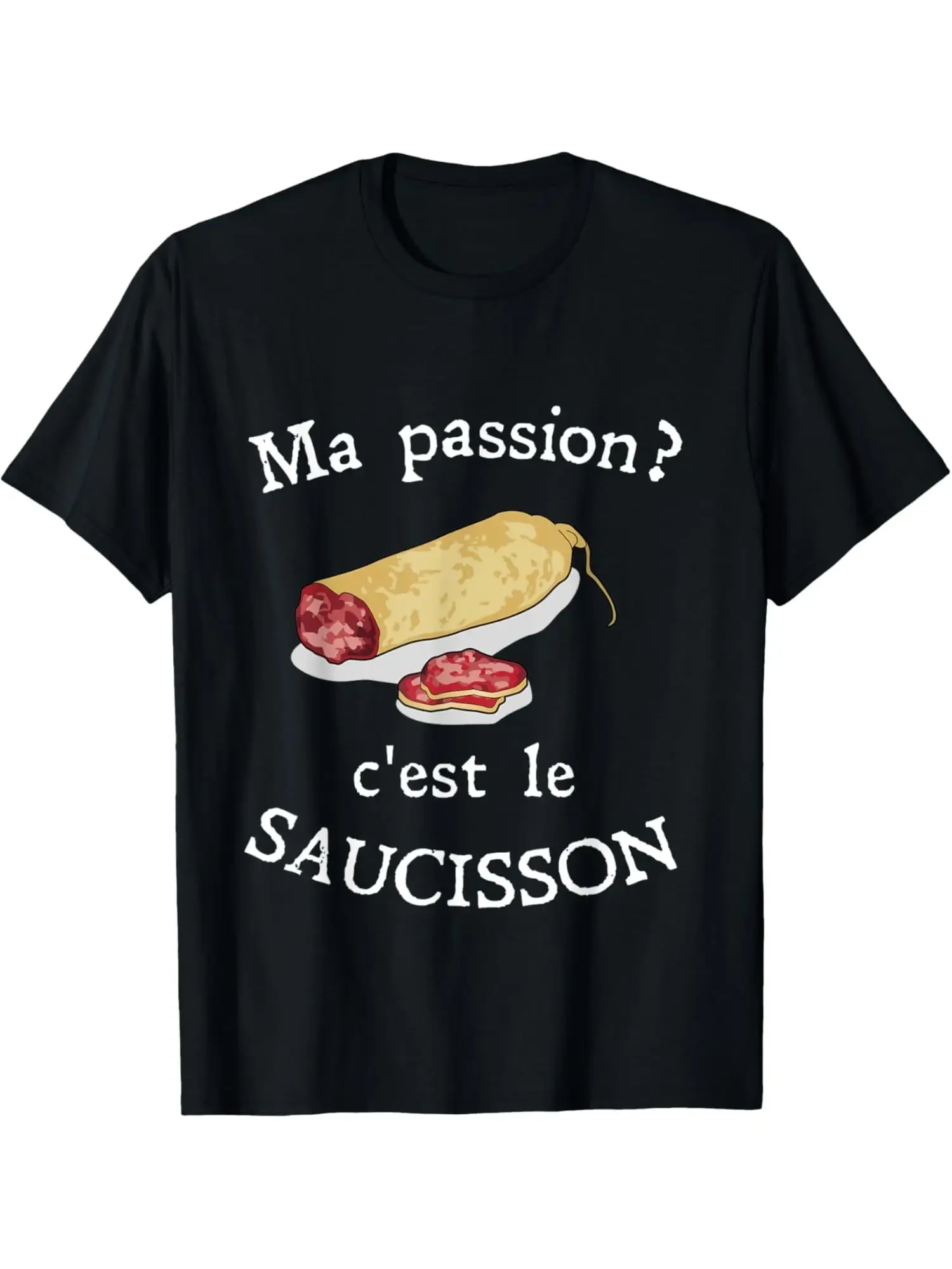 T-shirt humoristique pour hommes avec motif « My Passion Is Sausage » – Design inspiré de l'art français avec illustration d'apéritif, noir, manches courtes