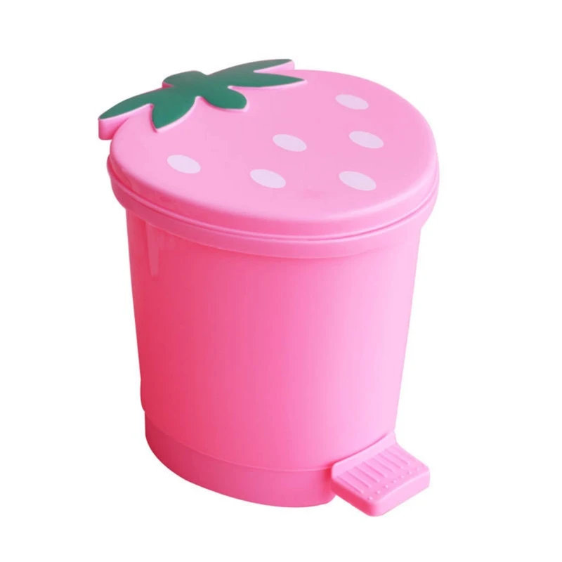 Mini Strawberry Trash Can with Lid Plastic Garbage Bin Waste Paper for Home Office Desk Room Desktop Bucket