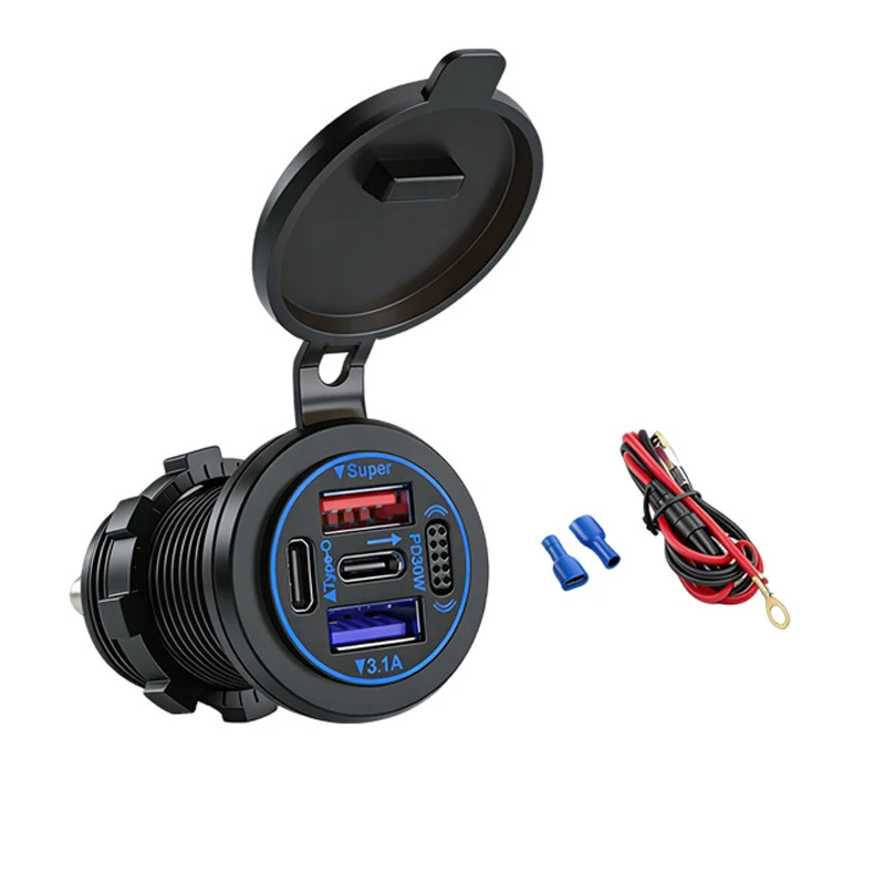 83W Car Charger Socket PD30W QC3.0 Type-C USB 5Ports Fast Charger Socket Waterproof 12V/24V For Car Boat Motorcycle