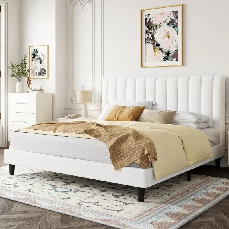 ZHENXIANG King Bed Frame/Velvet Upholstered Bed Frame with Vertical Channel Tufted Headboard/Strong Wooden Slats/Platform Bed