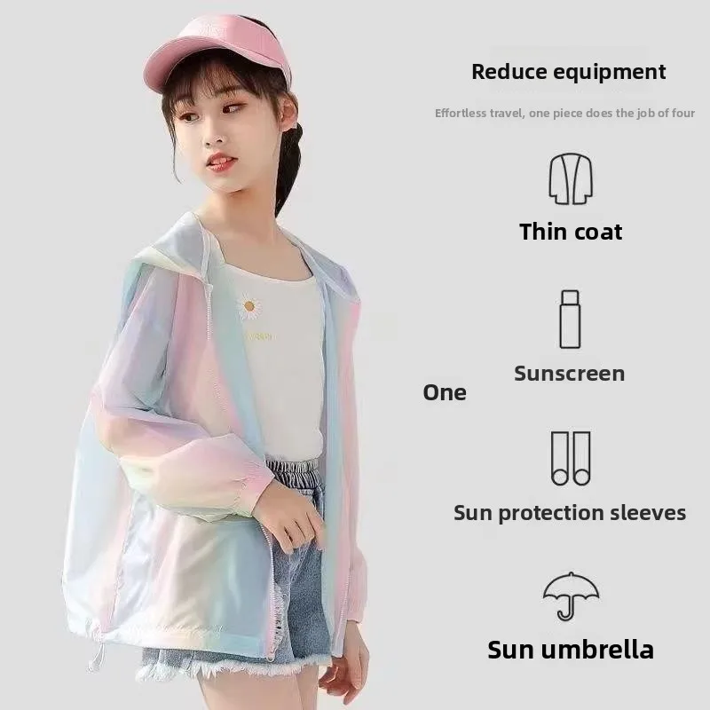 New Girls Summer Sun Protection Coat Rainbow Thin Style Fashion Princess Jacket Outdoor Activity 3-12 Years Children Clothing