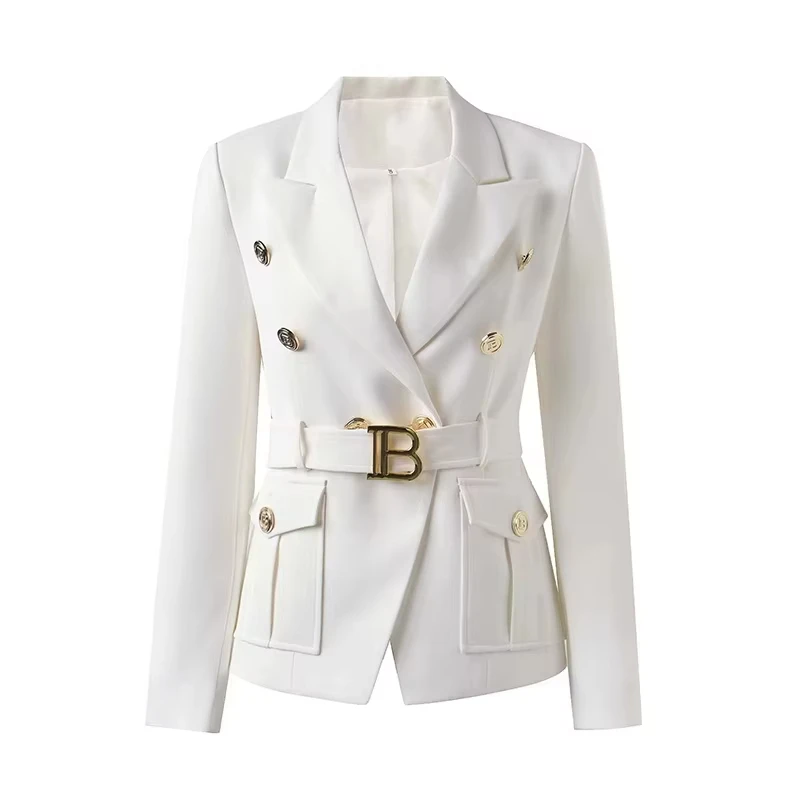 

Factory Customize Luxury Quality Classic Style Office White Black Women Pocket Blazers with Blet