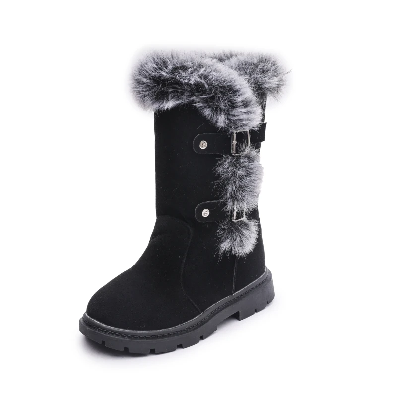 2026 Girls Slouchy Wrinkle Suede Mid Calf Boots Fluffy Metal Buckle Low Heel Non-slip Winter Boots Kids Fashion Footwear