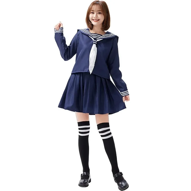 Conjunto de bufanda de dos tonos para estudiante diario femenino de clase uniforme de marinero de estudiante dividido japonés azul