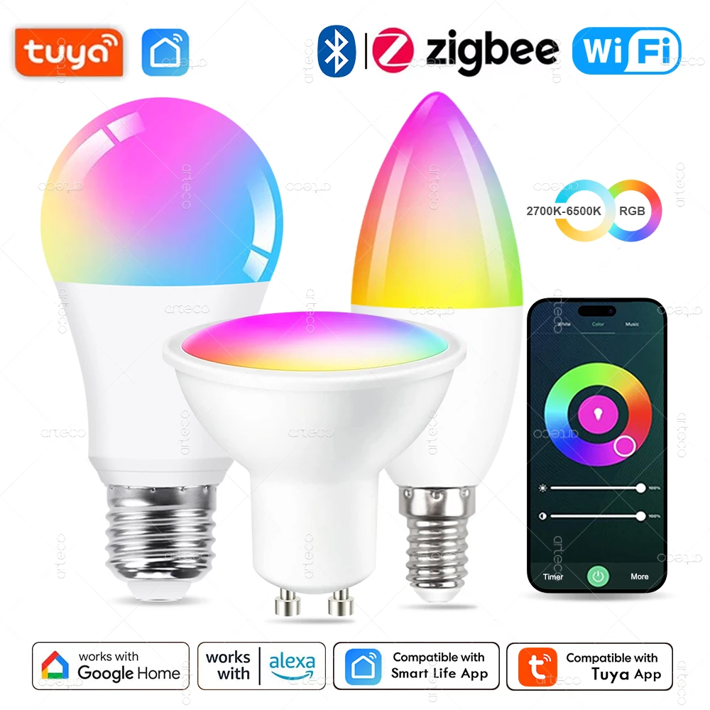 Tuya E27 E14 GU10 żarówka WIFI Zigbee Bluetooth, ściemnialna inteligentna lampa LED 2700-6500K RGB, żarówka LED współpracuje z Alexa Amazon