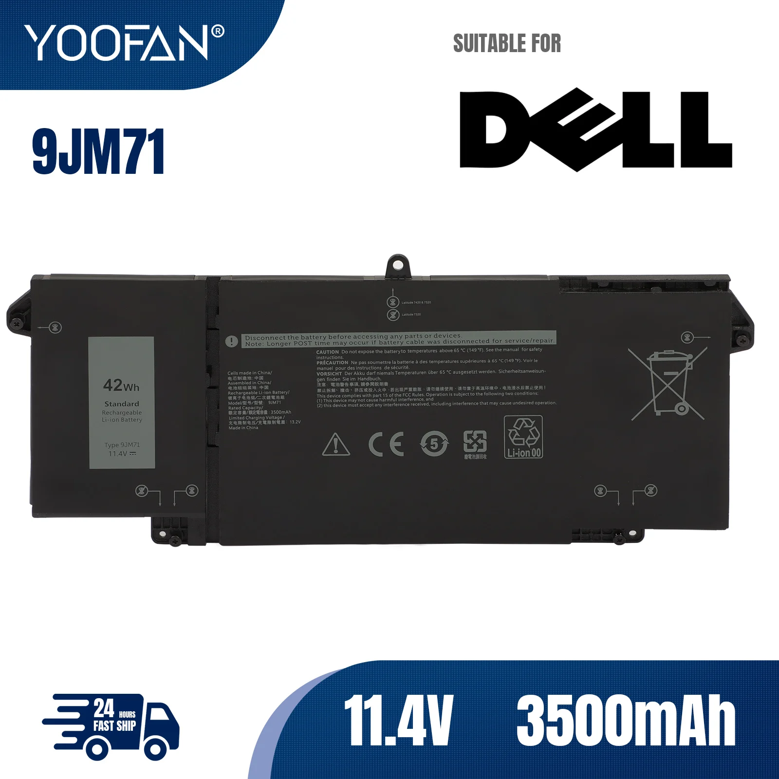 YOOFAN 9JM71 11.4V 42WH Laptop battery For Dell Latitude 5320 7320 7420 7520 HDGJ8 MHR4G 7FMXV TN2GY 4M1JN 1PP63