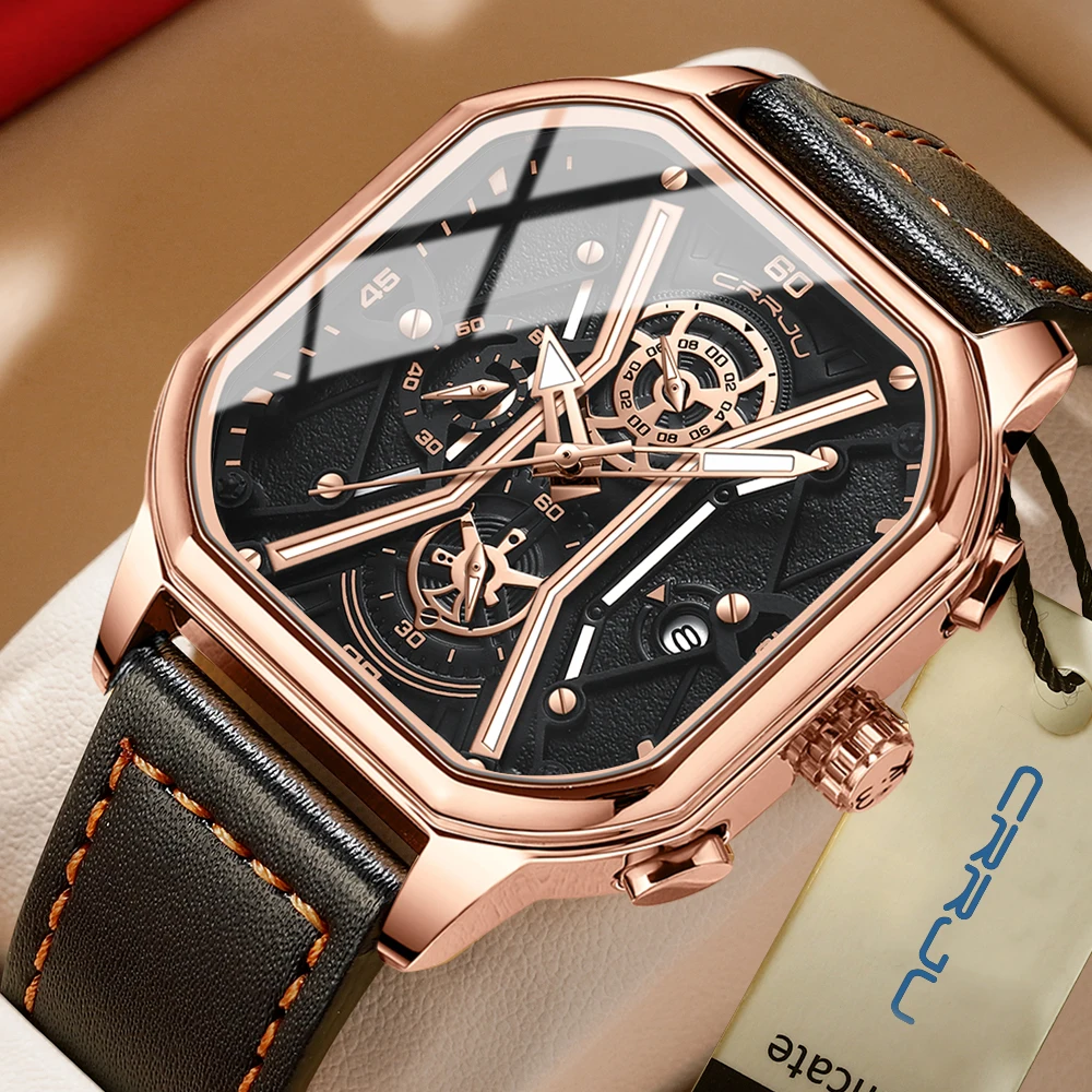 CRRJU Men's Chronograph Waterproof Sports Watch Top Brand Luxury Leather Wristwatch Reloj Hombre