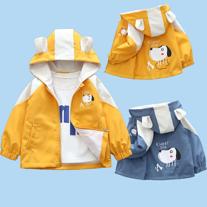 1 2 3 4 5 6 Years Boys Coats Patchwork Cartoon Happy Dog Pattern Hooded Windbreaker Leisure Overcoat For Kids Birthday Present