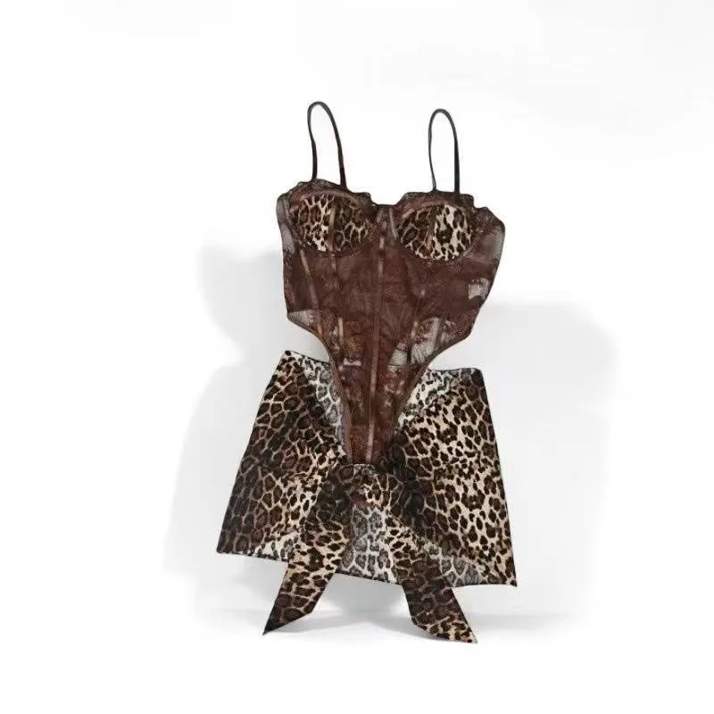 Bar Girl Sexy Leopard Print Lace See Through Jumpsuit Tempting Y2K Steel Holder Gathering Wrapped Skirt Set for Women