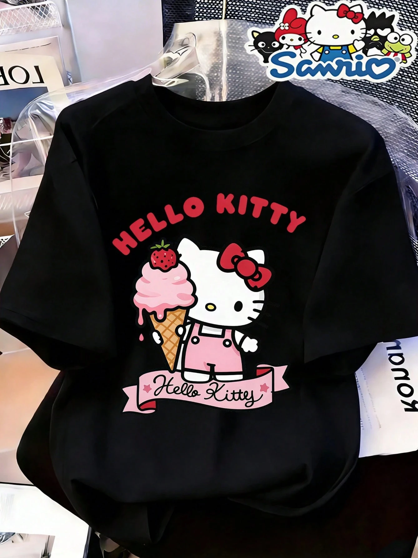 Hello Kitty Strawberry Ice Cream Pattern Cotton Round Neck Short Sleeve T-shirt Cute Sanrio Cartoon Kawaii Casual Top