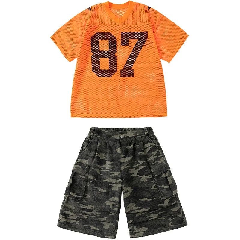 Kid's Kpop Hip Hop Orange V Neck Fishnet T-Shirt And Camouflage Cargo Shorts Set Boys Girls Jazz Dance Wear Costume Clothes