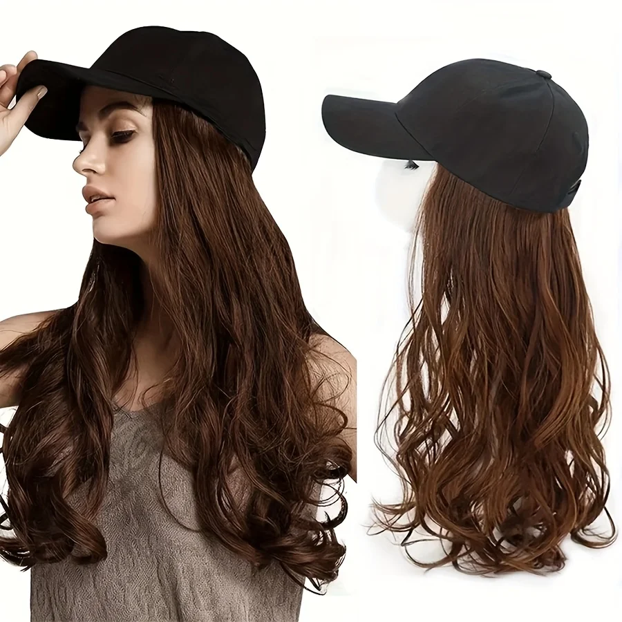 Hat Wigs Long Body Wave Hair Wigs With Baseball Cap Attached All In One Synthetic Fiber Hair Wigs For Women For Halloween Costum