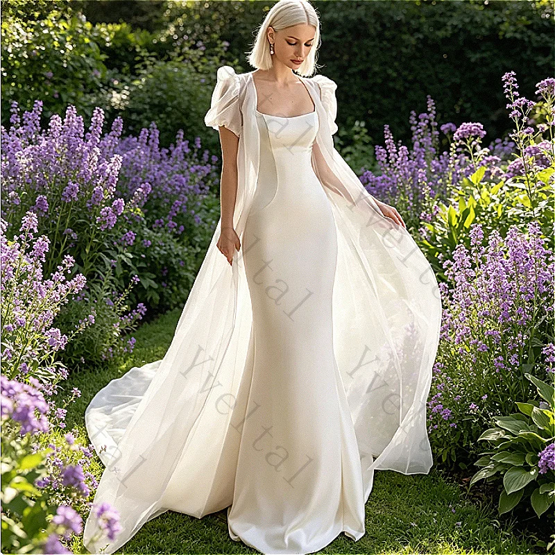 Customized Elegant Temperament Square Neck Luxurious Satin Fluffy Sleeve Wedding Dresses with Large Bow Enchanting Bridal Gown