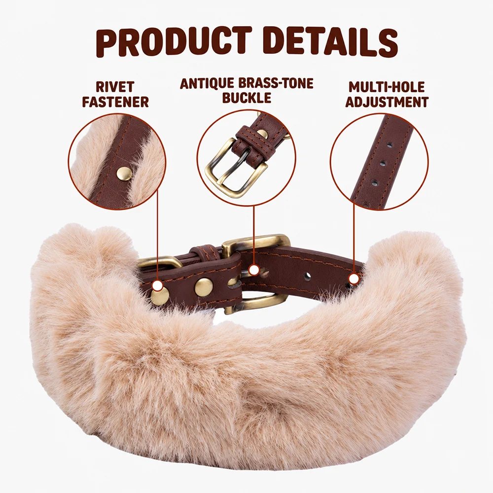 Premium Soft Plush Padded Dog Collar, Multi-hole Adjustable Faux Leather Pet Collar with Rivet Fastener for Dogs Outdoor Walking