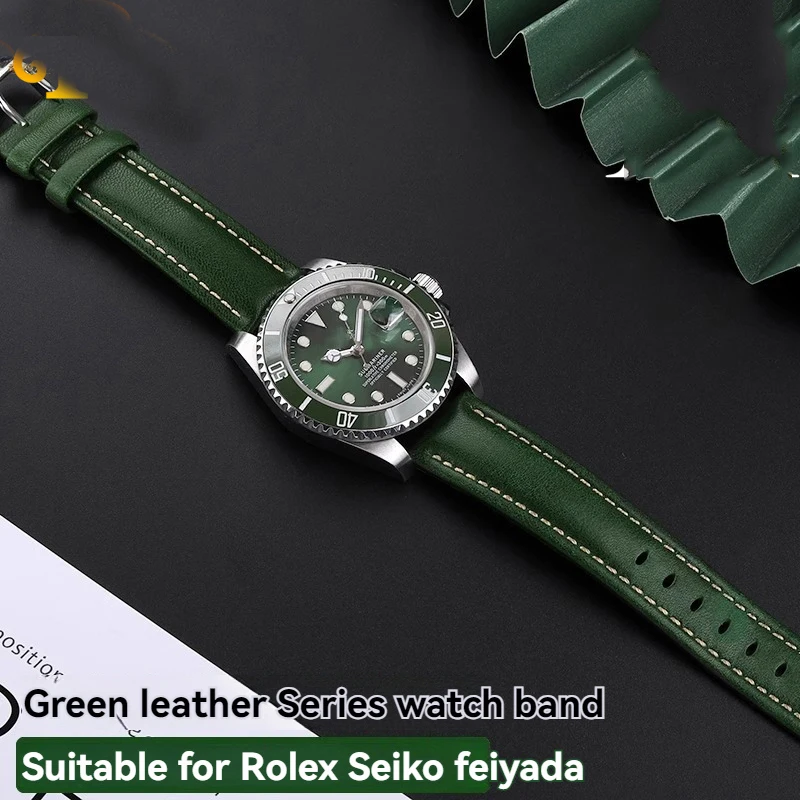 Moda verde derme pulseira de relógio 16 18 20 22mm para qualquer marca cinta homem ms couro macio borboleta fecho pulseira equipar com ferramenta